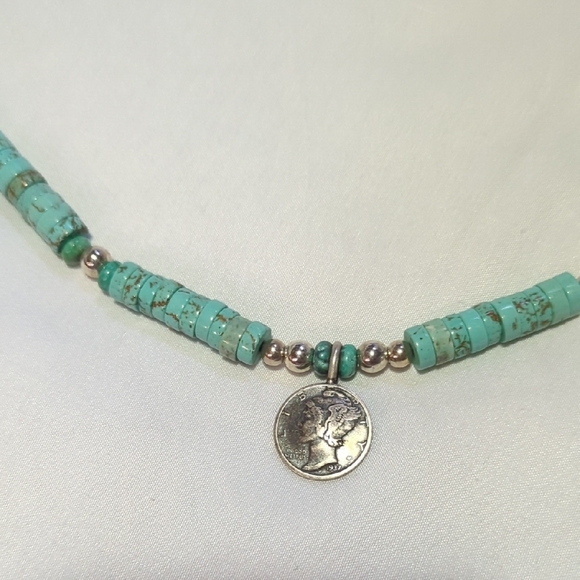 Kingman Turquoise Beaded Necklace with Mercury Dimes And Silver Accents - Picture 2 of 8